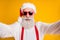 Close up photo of funky grandfather blogger in santa claus hat enjoy christmas x-mas eve travel vacation make selfie