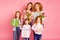 Close up photo ginger foxy little girls mom granny close spend time visit party bring flowers big gift boxes visit