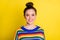 Close up photo of gorgeous person smile look camera wear striped pullover isolated on vivid yellow color background