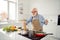 Close up photo grey haired he his him grandpa cook frying boiling uncooked pasta busy delicious dish process enjoy