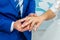 Close up photo of groom and bride\'s hands. Wedding day