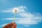 Close up photo of hand holding white dandelion at blue sky with white clouds background.