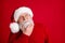 Close up photo minded brainstorm creative old retired man pensioner in santa headwear look copyspace touch chin hand