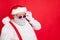 Close up photo of minded style stylish trendy fat overweight funny funky santa claus see look naughty kids with frowning