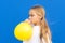 Close up photo of nice pretty lovely girl inflate ballon have free time positive cheerful funny girl isolated on blue