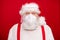 Close up photo of old bearded happy merry santa glad talk children distance internet online work wear protect plastic