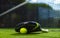 Close-up photo. Padel tennis racket with ball on court outdoors. Sport concept. Download a high quality photo for the