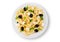 Close-up photo of pasta with olives and cheese in