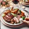 close up photo of plate with meat dish on some festive event, party or wedding reception. macro lens