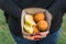 Close up photo of salmon croquette cake at a street food market.