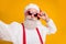 Close up photo of serious santa claus hipster in red hat travel x-mas vacation noel enjoy newyear celebration make