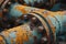 This close-up photo showcases rusted pipes with visible rust, highlighting their deteriorated condition, Detailed close-up of a