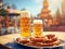 Close up photo of tall glasses with light lager craft beer pint and a table with pretzels and sausages standing on