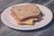 Close up photo of tasty yummy delicious triangle halved sandwich on white round plate concept. Unhealthy fast quick eating restaur