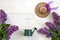 Close up photo with toy watering can, Little straw hat and lilac on white wooden background. Spring background, top view, close up