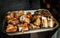 Close up photo of a tray full of traditional Argentine asado barbecue meat