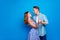 Close up photo of two charming lovely dreamy romantic spouses dancing together isolated bright color background