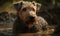 close up photo of wet Lakeland terrier standing in water on blurry outdoors background. Generative AI