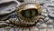 A close-up photograph of an alligator\'s eye, capturing its fierce gaze and intricate details