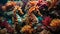 close up photograph of Two seahorses on a colorful coral reef in deep ocean