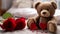 A close-up photograph where a lovable brown teddy bear takes center stage against a romantically blurred living room setting.