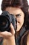 Close up of a photographer woman holding a digital slr camera