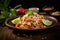 Close up photographic Thailand favorites food Pat Thai in black dish generative AI