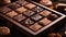 Close-up photography of box of craft chocolate, luxury sweets. Generative AI