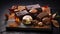Close-up photography of craft chocolate on dark background, gourmet dessert. Generative AI