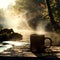 A close-up photorealistic image of steaming camp mug filled with coffee