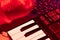 Close up of piano synth keyboard for sound production. Music producer equipment