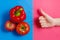 Close up Picture of Fresh Red Apple, Pepper, Tomato and Woman Showing Thumbs up. Healthy Food Concept.