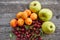 Close up Picture of freshly harvested summer seasonal organic fruits and vegetables