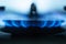 Close up picture of gas hob burning, bright blue flames situated around metallic special round in gas cooker, having light blue