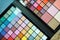 Close up picture of makeup colorful pallete