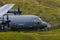 A close-up picture of an RAF Royal Air Force Lockheed C-130 Hercules transport plane carrying out low level flying in the United