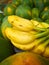 Close up picture of ripe bananas among papayas