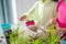 Close up picture of two girls planting flowers in the kitchen