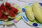 Close-up pictures of Thai fruits, watermelon and durian in an appetizing dish. Top view