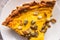 Close-up of a piece of freshly baked pumpkin pie sprinkled with pumpkin seeds for Thanksgiving or the holiday home treat