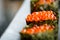 Close up piece of sushi egg salmon wrap by seaweed, japanese sushi menu