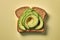 Close-up of a piece of toast bread with slices of avocado and seasonings. Generated by AI