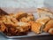 Close-up of pieces of bread of different types, defocused background