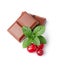 Close-up pieces of milk chocolate bar with fresh cranberry and mint