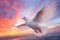 Close-up of a pigeon flying high in sunset sky. Super wide lens shot of dove as a symbol of peace. Generative AI