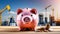 Close up of a piggy bank on sunny construction site. Savings deposits for the building phase