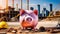 Close up of a piggy bank on sunny construction site. Savings deposits for the building phase