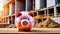 Close up of a piggy bank on sunny construction site. Savings deposits for the building phase