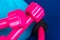 Close Up Pilates Circle, Dumbbell, Band on Blue Yoga Mat