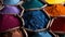 A close up of a pile of different colored powders in bags, AI